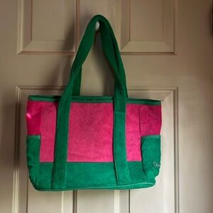 Quack Factory terry cloth bag in pink/green combo with polka dot lining. GUC.